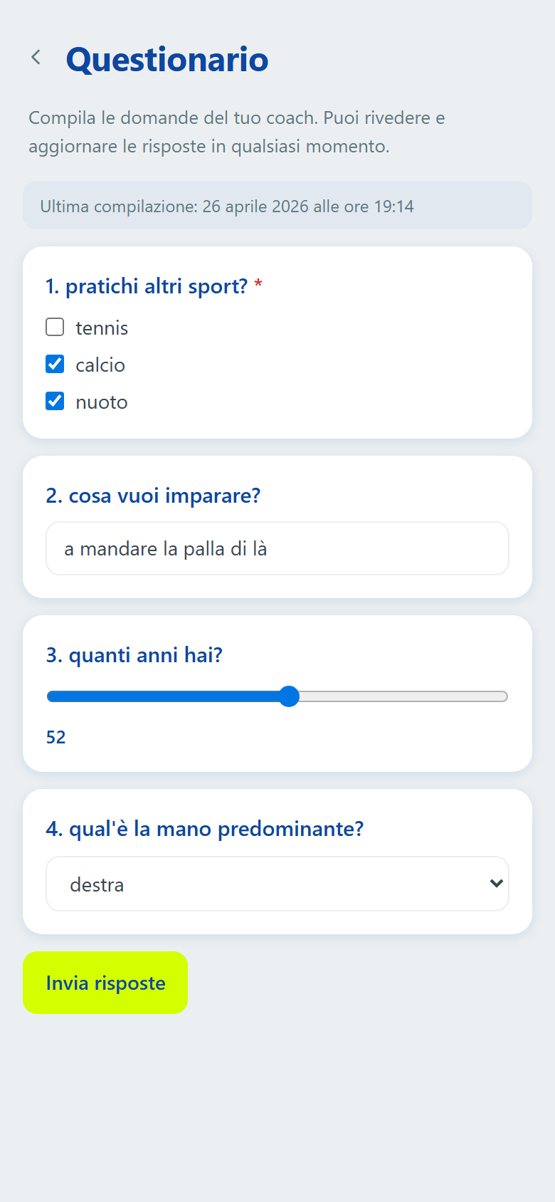 Il questionario del cliente