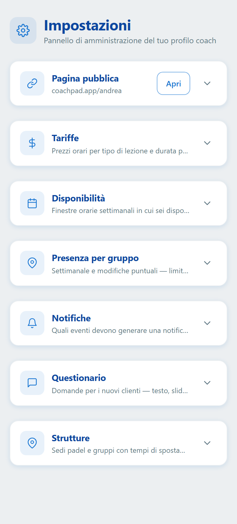 Pannello Impostazioni